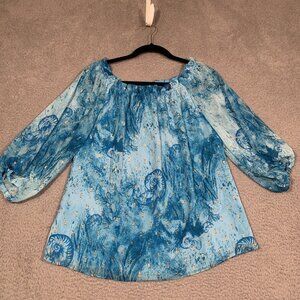 White House Black Market Top Blouse Off Shoulder Ocean‎ Blue Gold Small S